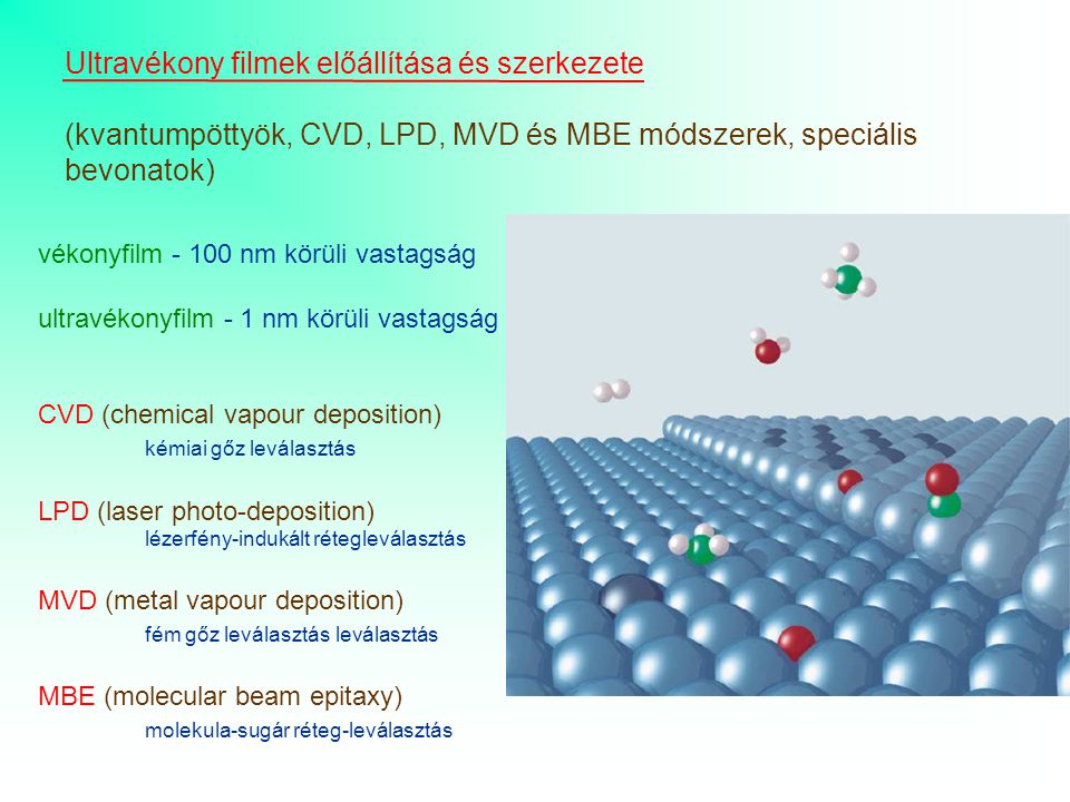 vékonyfilm nm körüli vastagság ultravékonyfilm - 1 nm körüli vastagság CVD (chemical vapour deposition) kémiai gőz leválasztás LPD (laser photo-deposition) lézerfény-indukált rétegleválasztás MVD (metal vapour deposition) fém gőz leválasztás leválasztás MBE (molecular beam epitaxy) molekula-sugár réteg-leválasztás Ultravékony filmek előállítása és szerkezete (kvantumpöttyök, CVD, LPD, MVD és MBE módszerek, speciális bevonatok)