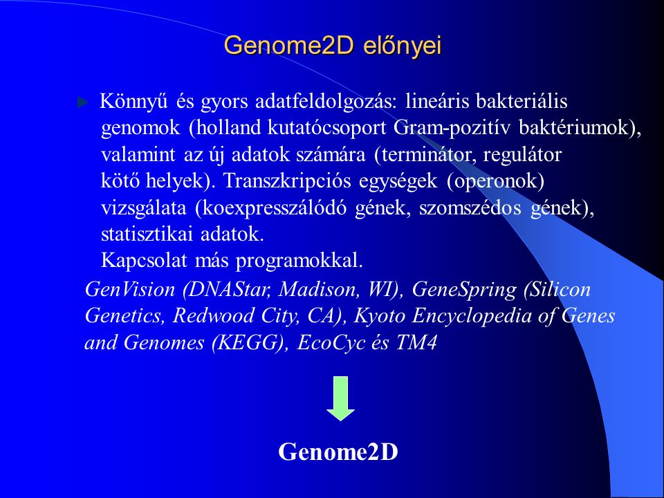 Genome2D előnyei Könnyű és gyors adatfeldolgozás: lineáris bakteriális genomok (holland kutatócsoport Gram-pozitív baktériumok), valamint az új adatok számára (terminátor, regulátor kötő helyek).