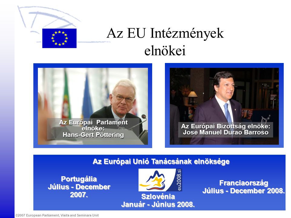 ©2007 European Parliament, Visits and Seminars Unit Az EU Intézmények elnökei Az Európai Unió Tanácsának elnöksége Franciaország Július - December 2008.