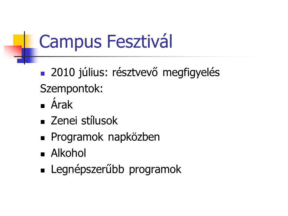 Campus Fesztivál 2010 július: résztvevő megfigyelés Szempontok: Árak Zenei stílusok Programok napközben Alkohol Legnépszerűbb programok