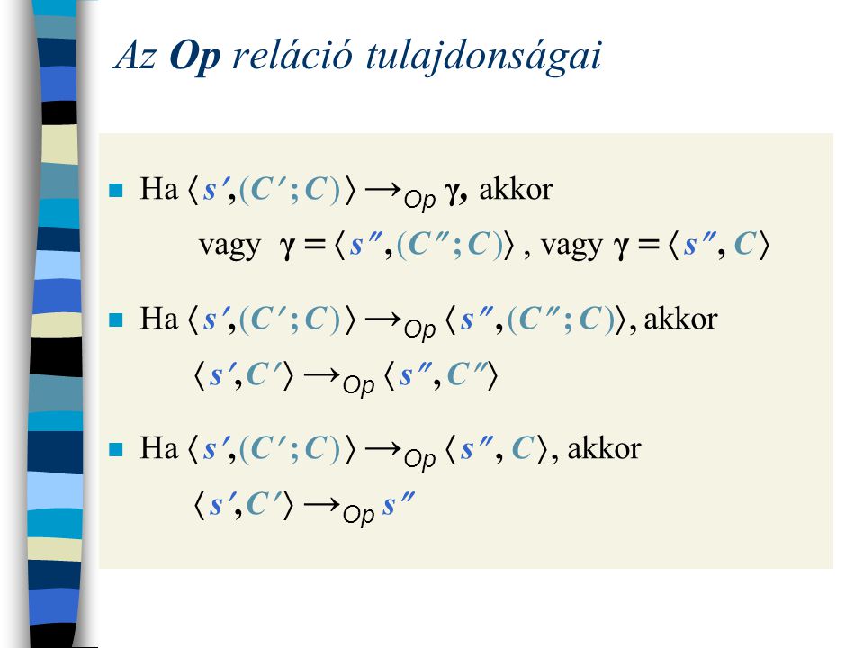 Az Op reláció tulajdonságai S ◊ Op   n Ha C nem kompozíció, akkor | Op (  s, C  ) |  1 n | Op (  s, (C ; C )  ) |  | Op (  s, C  ) |
