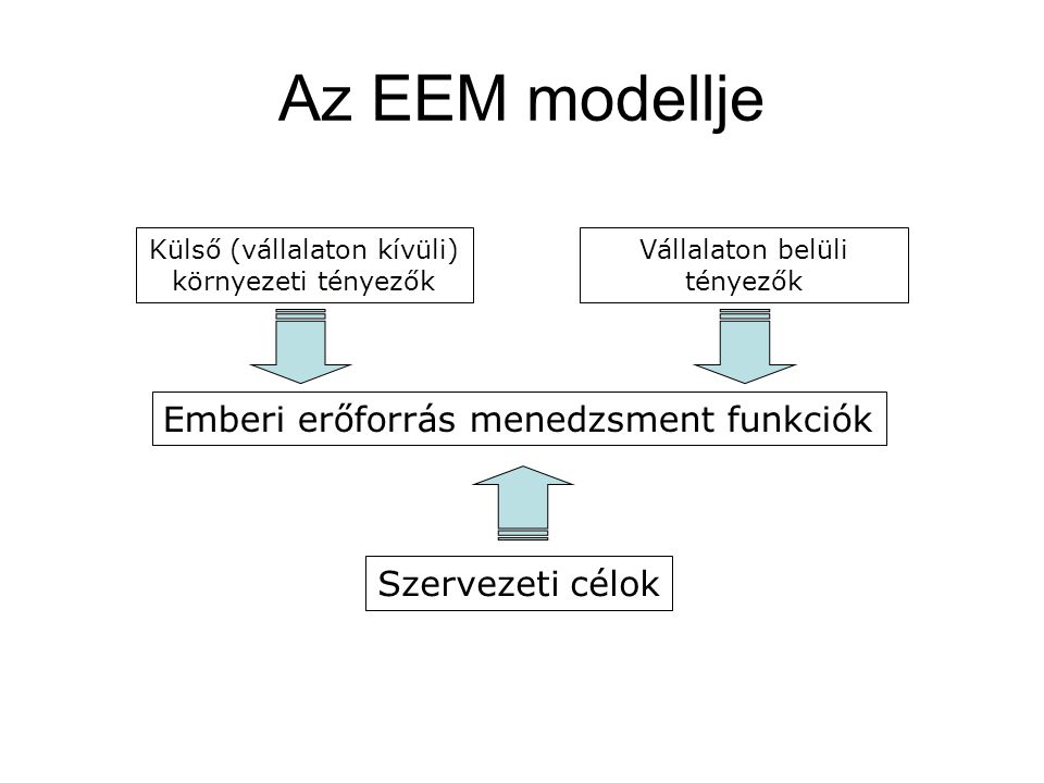 Az EEM modellje Külső (vállalaton kívüli) környezeti tényezők Vállalaton belüli tényezők Emberi erőforrás menedzsment funkciók Szervezeti célok