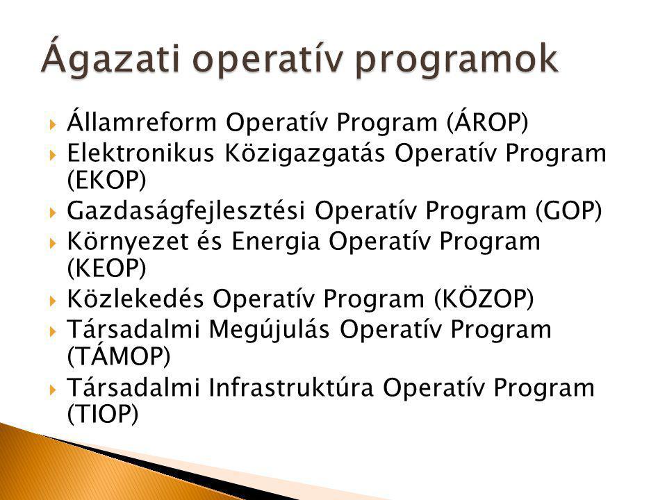  Államreform Operatív Program (ÁROP)  Elektronikus Közigazgatás Operatív Program (EKOP)  Gazdaságfejlesztési Operatív Program (GOP)  Környezet és Energia Operatív Program (KEOP)  Közlekedés Operatív Program (KÖZOP)  Társadalmi Megújulás Operatív Program (TÁMOP)  Társadalmi Infrastruktúra Operatív Program (TIOP)