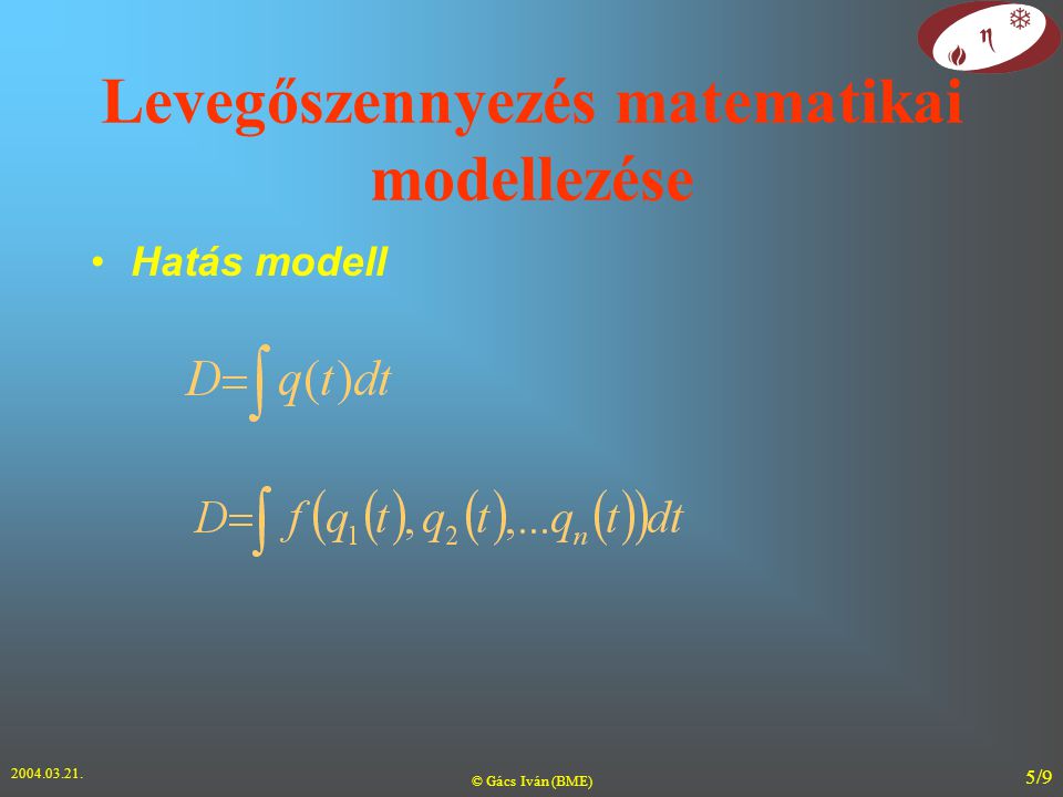 © Gács Iván (BME) 5/9 Levegőszennyezés matematikai modellezése Hatás modell