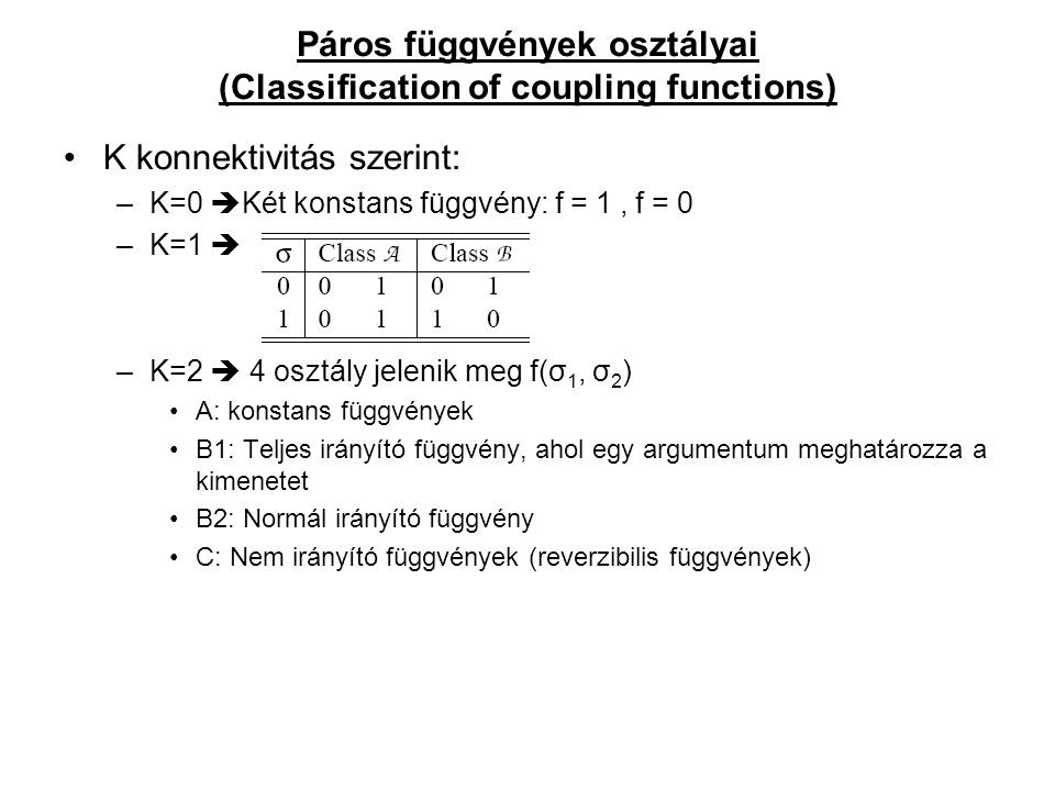 Páros függvények osztályai (Classification of coupling functions) K konnektivitás szerint: –K=0  Két konstans függvény: f = 1, f = 0 –K=1  –K=2  4 osztály jelenik meg f(σ 1, σ 2 ) A: konstans függvények B1: Teljes irányító függvény, ahol egy argumentum meghatározza a kimenetet B2: Normál irányító függvény C: Nem irányító függvények (reverzibilis függvények)