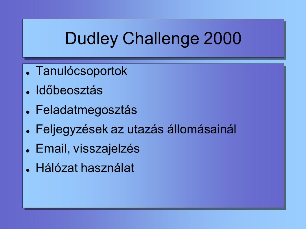 Dudley Challenge 2000 Tanulócsoportok Időbeosztás Feladatmegosztás Feljegyzések az utazás állomásainál  , visszajelzés Hálózat használat