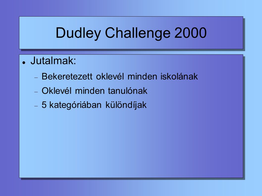 Dudley Challenge 2000 Jutalmak:  Bekeretezett oklevél minden iskolának  Oklevél minden tanulónak  5 kategóriában különdíjak