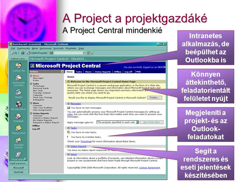A Project a projektgazdáké A Project Central mindenkié Intranetes alkalmazás, de beépülhet az Outlookba is Könnyen áttekinthető, feladatorientált felületet nyújt Megjeleníti a projekt- és az Outlook- feladatokat Segít a rendszeres és eseti jelentések készítésében