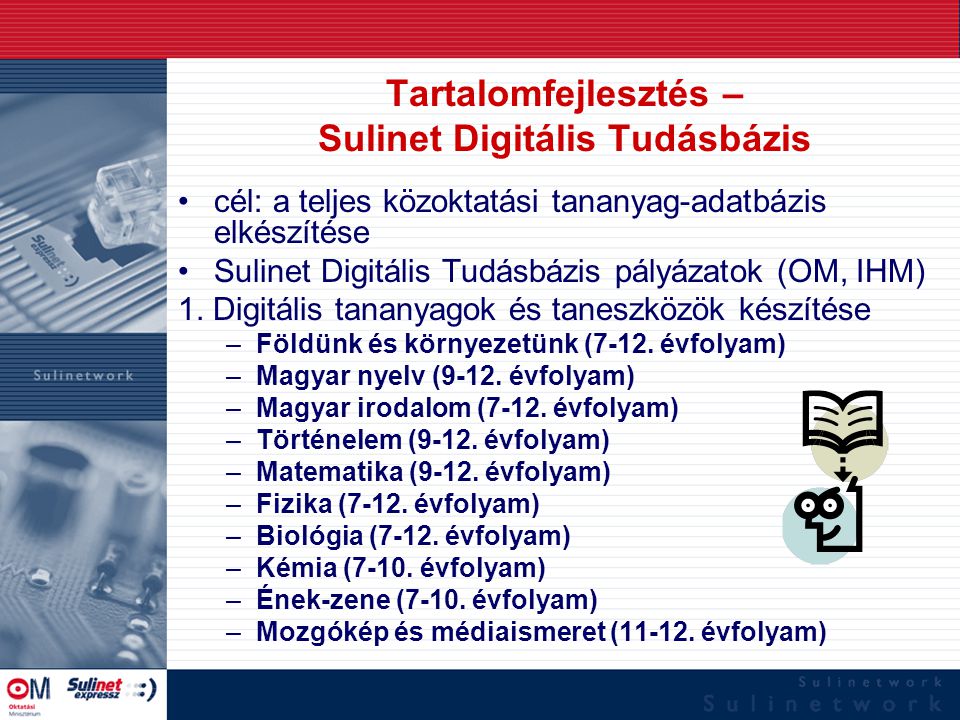 Tartalomfejlesztés – Sulinet Digitális Tudásbázis cél: a teljes közoktatási tananyag-adatbázis elkészítése Sulinet Digitális Tudásbázis pályázatok (OM, IHM) 1.