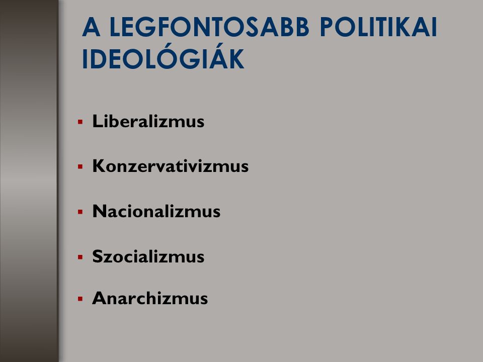 A LEGFONTOSABB POLITIKAI IDEOLÓGIÁK ▪ Liberalizmus ▪ Konzervativizmus ▪ Nacionalizmus ▪ Szocializmus ▪ Anarchizmus