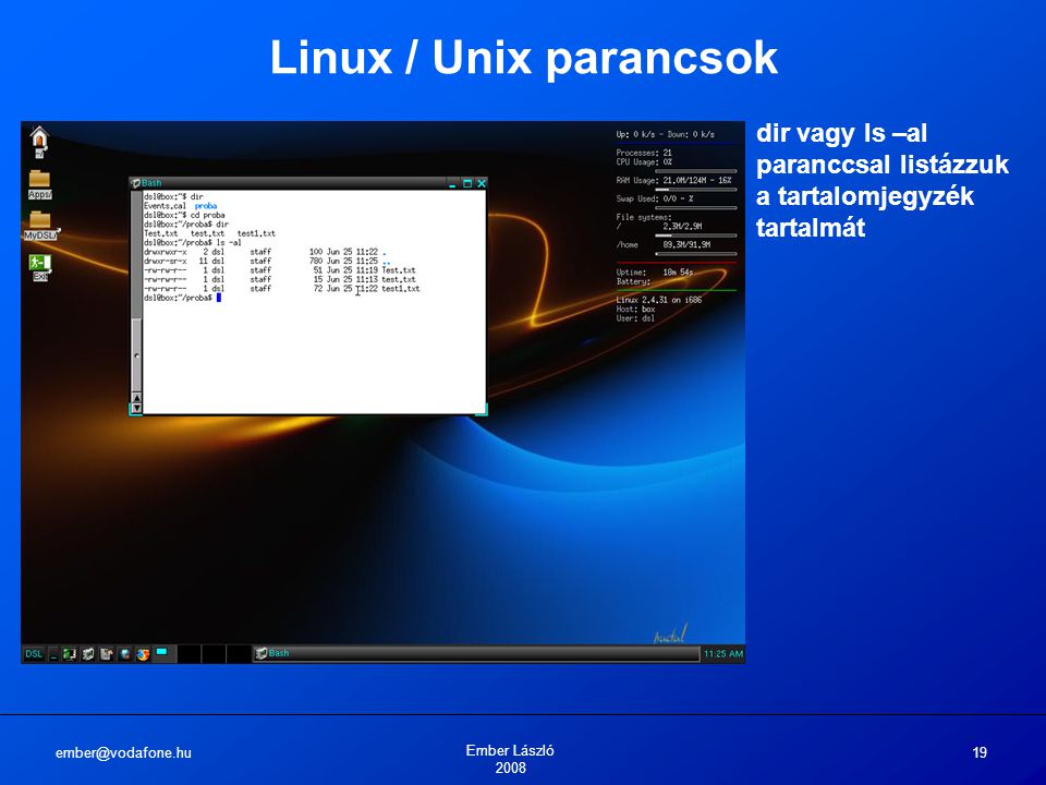 Ember László Linux / Unix parancsok dir vagy ls –al paranccsal listázzuk a tartalomjegyzék tartalmát