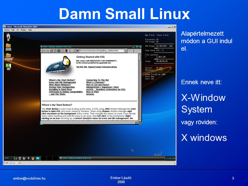 Ember László Damn Small Linux Alapértelmezett módon a GUI indul el.