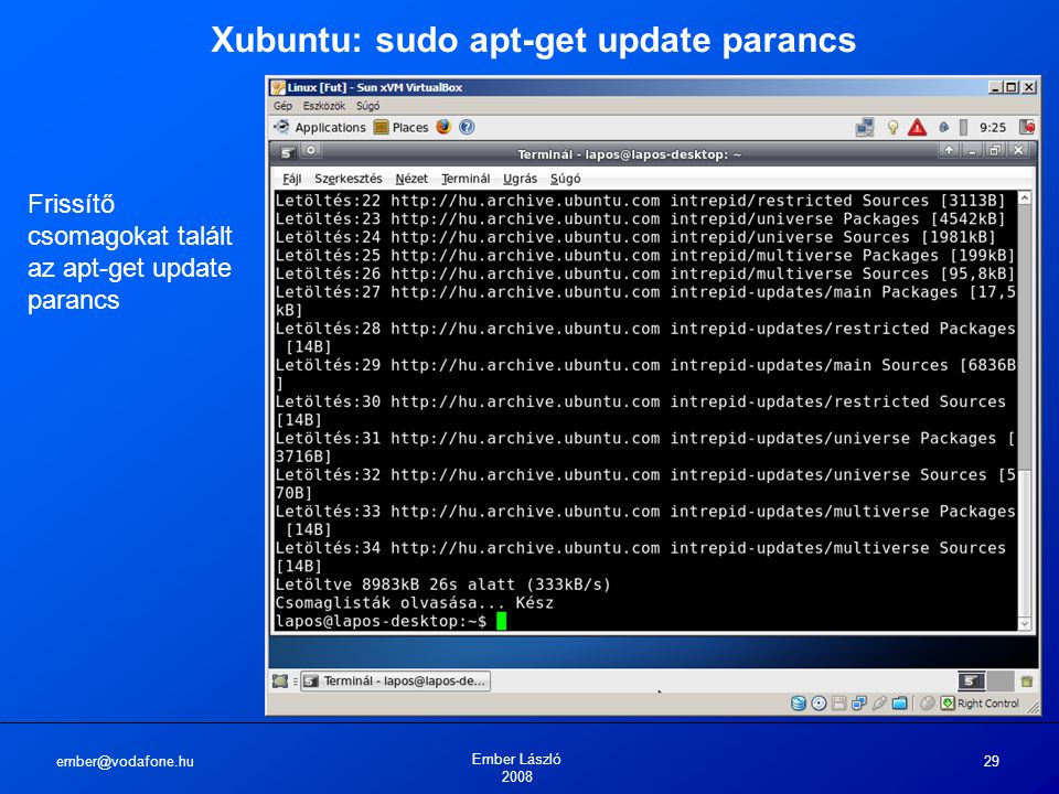 Ember László Xubuntu: sudo apt-get update parancs Frissítő csomagokat talált az apt-get update parancs