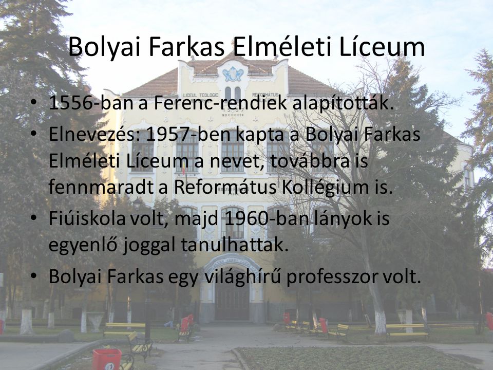 Bolyai Farkas Elméleti Líceum 1556-ban a Ferenc-rendiek alapították.