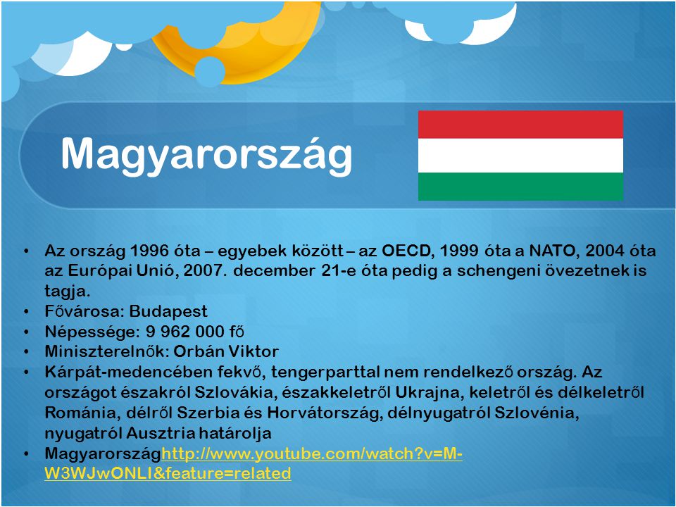 Magyarország Az ország 1996 óta – egyebek között – az OECD, 1999 óta a NATO, 2004 óta az Európai Unió, 2007.