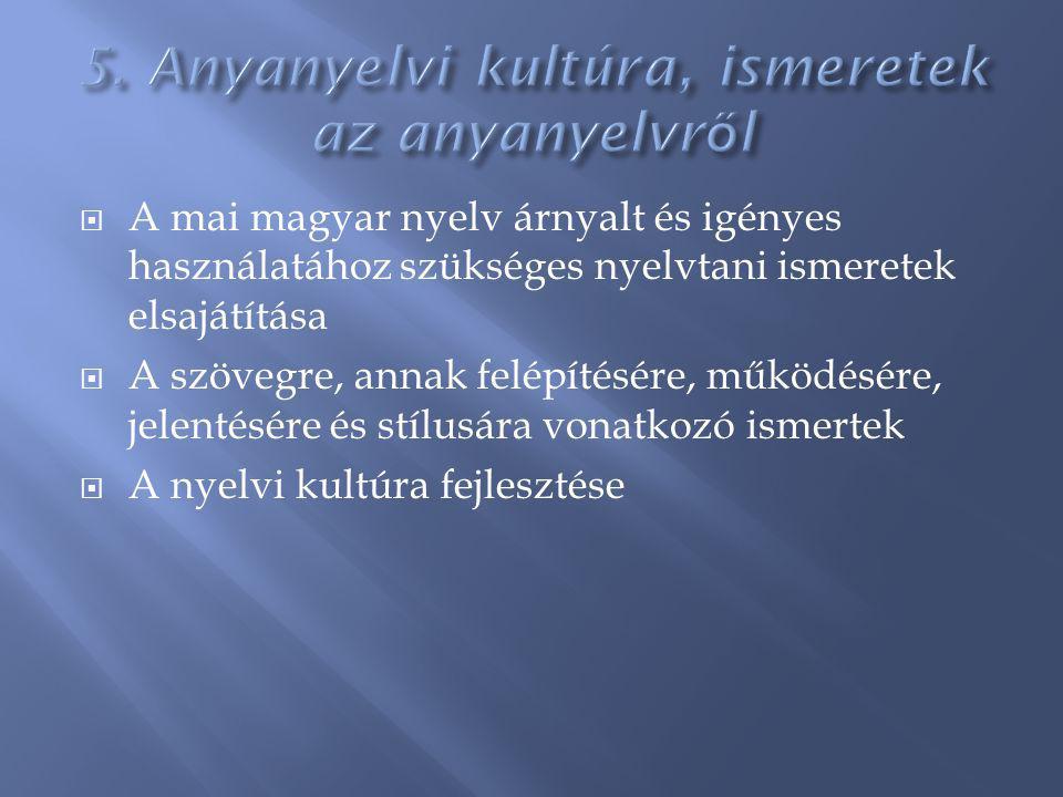  A mai magyar nyelv árnyalt és igényes használatához szükséges nyelvtani ismeretek elsajátítása  A szövegre, annak felépítésére, működésére, jelentésére és stílusára vonatkozó ismertek  A nyelvi kultúra fejlesztése