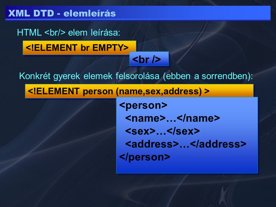 XML DTD - elemleírás HTML elem leírása: Konkrét gyerek elemek felsorolása (ebben a sorrendben): … …