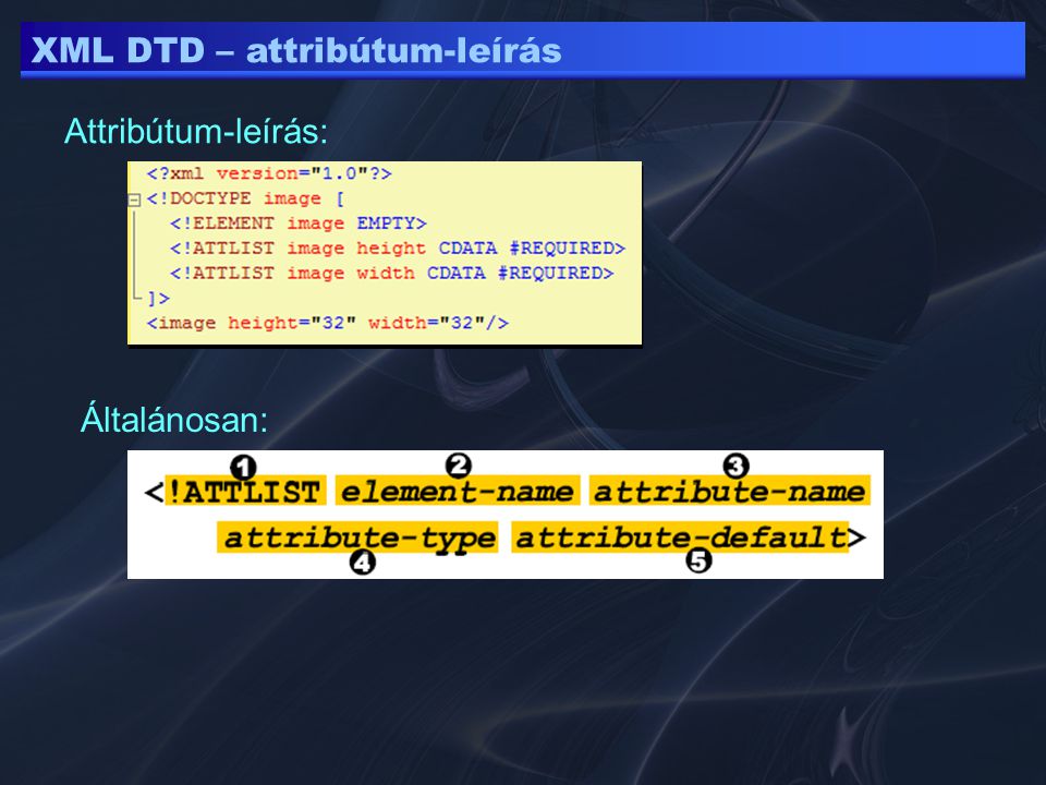 XML DTD – attribútum-leírás Attribútum-leírás: Általánosan: