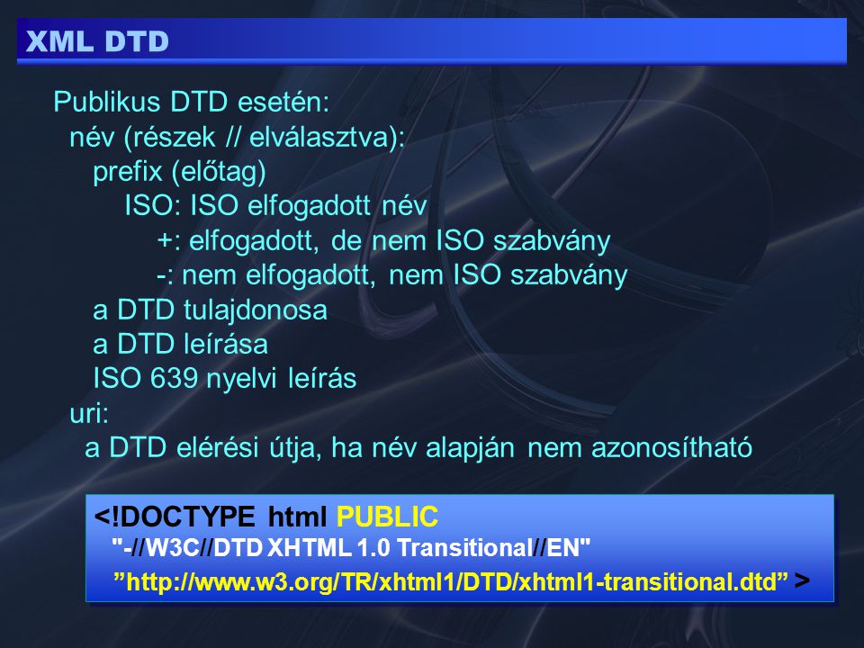 XML DTD Publikus DTD esetén: név (részek // elválasztva): prefix (előtag) ISO: ISO elfogadott név +: elfogadott, de nem ISO szabvány -: nem elfogadott, nem ISO szabvány a DTD tulajdonosa a DTD leírása ISO 639 nyelvi leírás uri: a DTD elérési útja, ha név alapján nem azonosítható <!DOCTYPE html PUBLIC -//W3C//DTD XHTML 1.0 Transitional//EN   > <!DOCTYPE html PUBLIC -//W3C//DTD XHTML 1.0 Transitional//EN   >