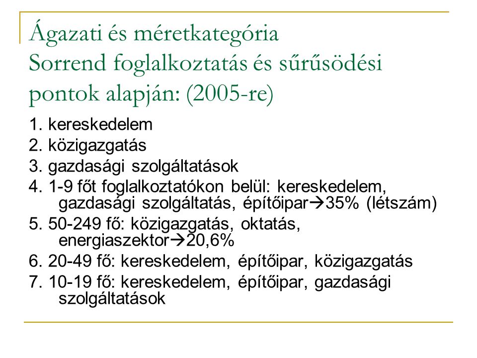 Ágazati és méretkategória Sorrend foglalkoztatás és sűrűsödési pontok alapján: (2005-re) 1.