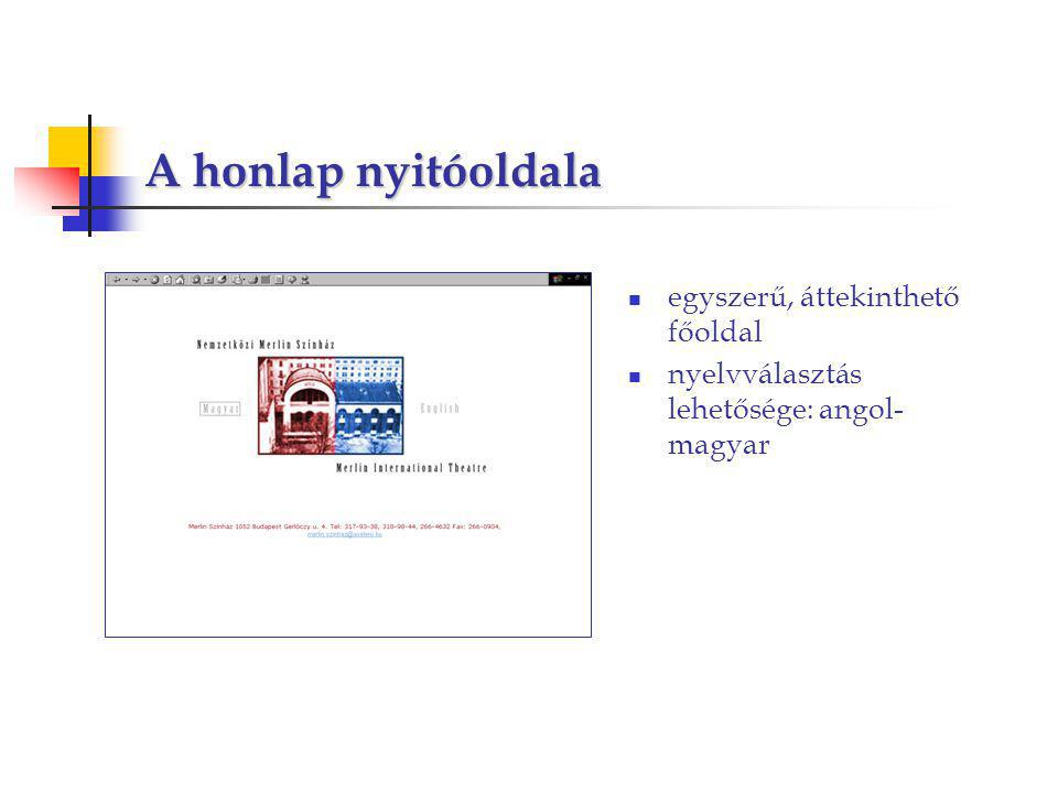 A honlap nyitóoldala egyszerű, áttekinthető főoldal nyelvválasztás lehetősége: angol- magyar