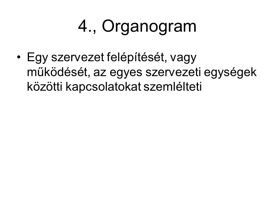 4., Organogram Egy szervezet felépítését, vagy működését, az egyes szervezeti egységek közötti kapcsolatokat szemlélteti