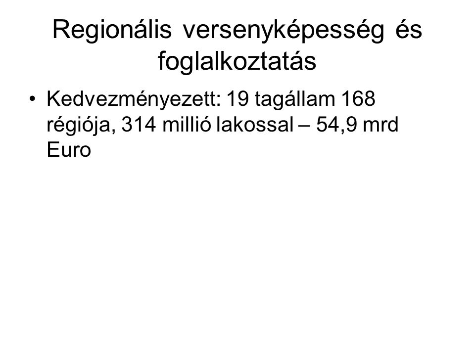 Regionális versenyképesség és foglalkoztatás Kedvezményezett: 19 tagállam 168 régiója, 314 millió lakossal – 54,9 mrd Euro