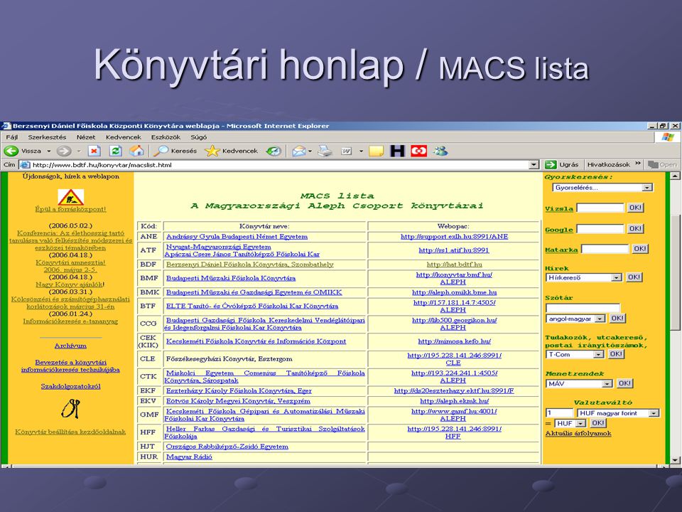 Könyvtári honlap / MACS lista