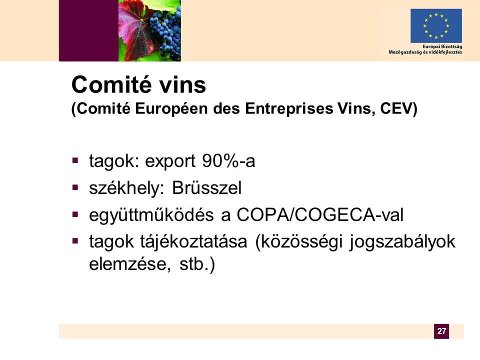 27 Comité vins (Comité Européen des Entreprises Vins, CEV)  tagok: export 90%-a  székhely: Brüsszel  együttműködés a COPA/COGECA-val  tagok tájékoztatása (közösségi jogszabályok elemzése, stb.)