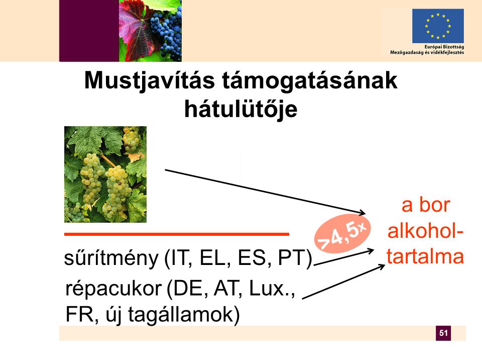 51 Mustjavítás támogatásának hátulütője a bor alkohol- tartalma répacukor (DE, AT, Lux., FR, új tagállamok) sűrítmény (IT, EL, ES, PT) >4,5 x