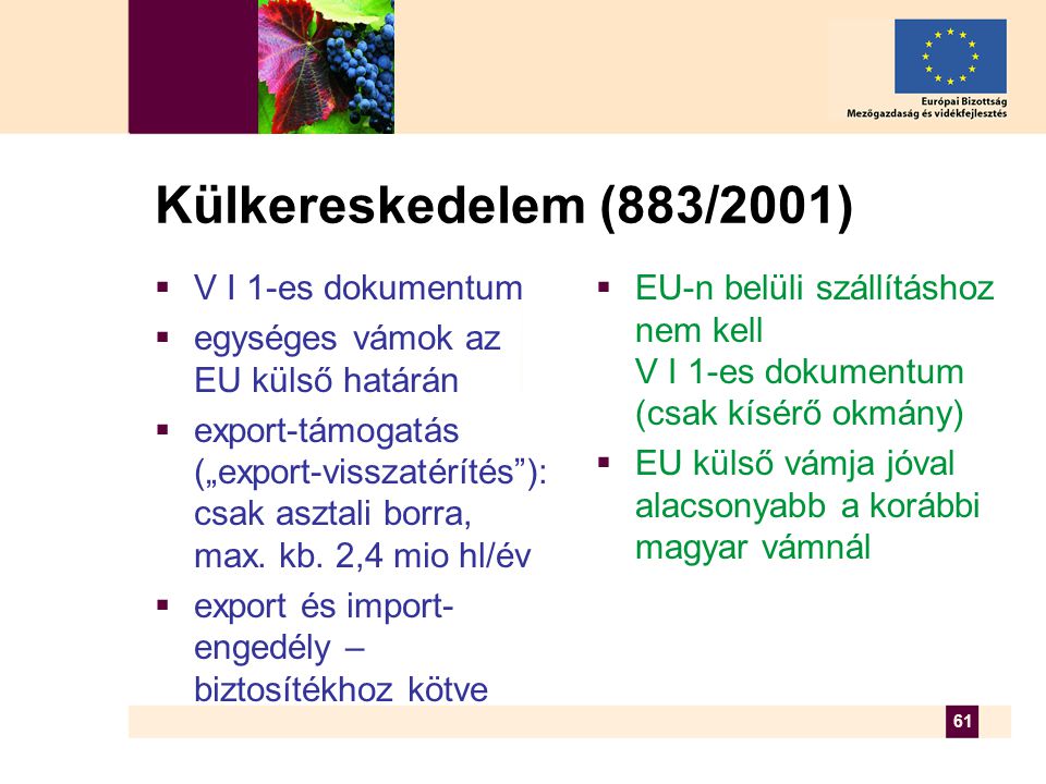 61 Külkereskedelem (883/2001)  V I 1-es dokumentum  egységes vámok az EU külső határán  export-támogatás („export-visszatérítés ): csak asztali borra, max.