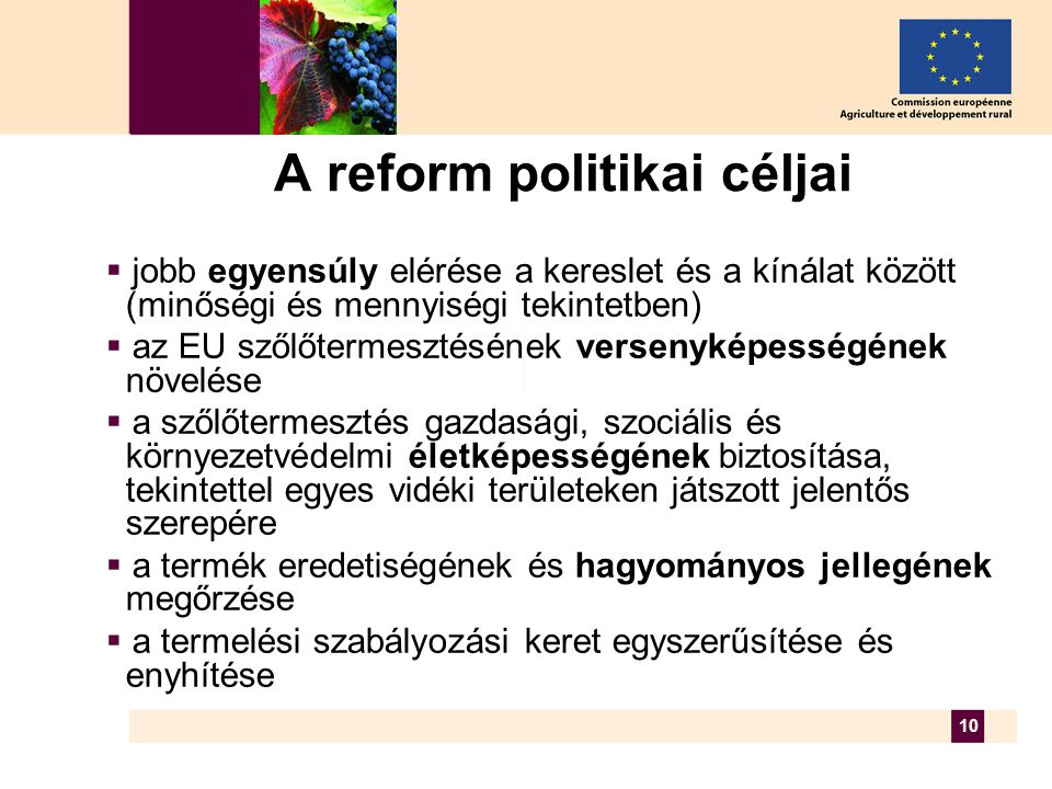 10 A reform politikai céljai  jobb egyensúly elérése a kereslet és a kínálat között (minőségi és mennyiségi tekintetben)  az EU szőlőtermesztésének versenyképességének növelése  a szőlőtermesztés gazdasági, szociális és környezetvédelmi életképességének biztosítása, tekintettel egyes vidéki területeken játszott jelentős szerepére  a termék eredetiségének és hagyományos jellegének megőrzése  a termelési szabályozási keret egyszerűsítése és enyhítése