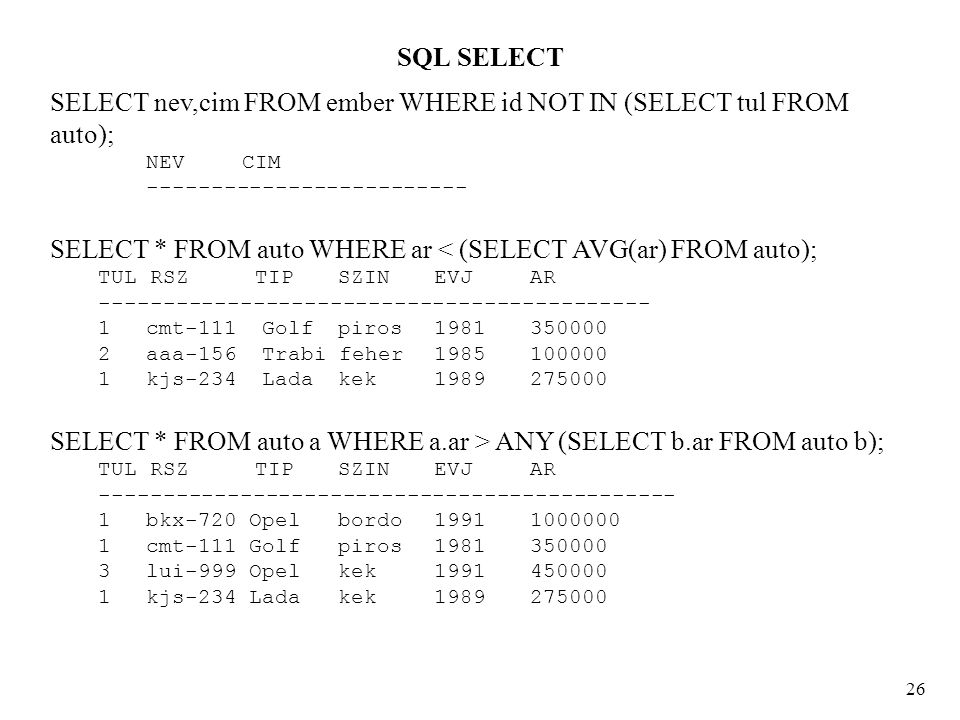 SQL SELECT 26 SELECT nev,cim FROM ember WHERE id NOT IN (SELECT tul FROM auto); NEV CIM SELECT * FROM auto WHERE ar < (SELECT AVG(ar) FROM auto); TUL RSZ TIP SZIN EVJ AR cmt-111 Golf piros aaa-156 Trabi feher kjs-234 Lada kek SELECT * FROM auto a WHERE a.ar > ANY (SELECT b.ar FROM auto b); TUL RSZ TIP SZIN EVJ AR bkx-720 Opel bordo cmt-111 Golf piros lui-999 Opel kek kjs-234 Lada kek