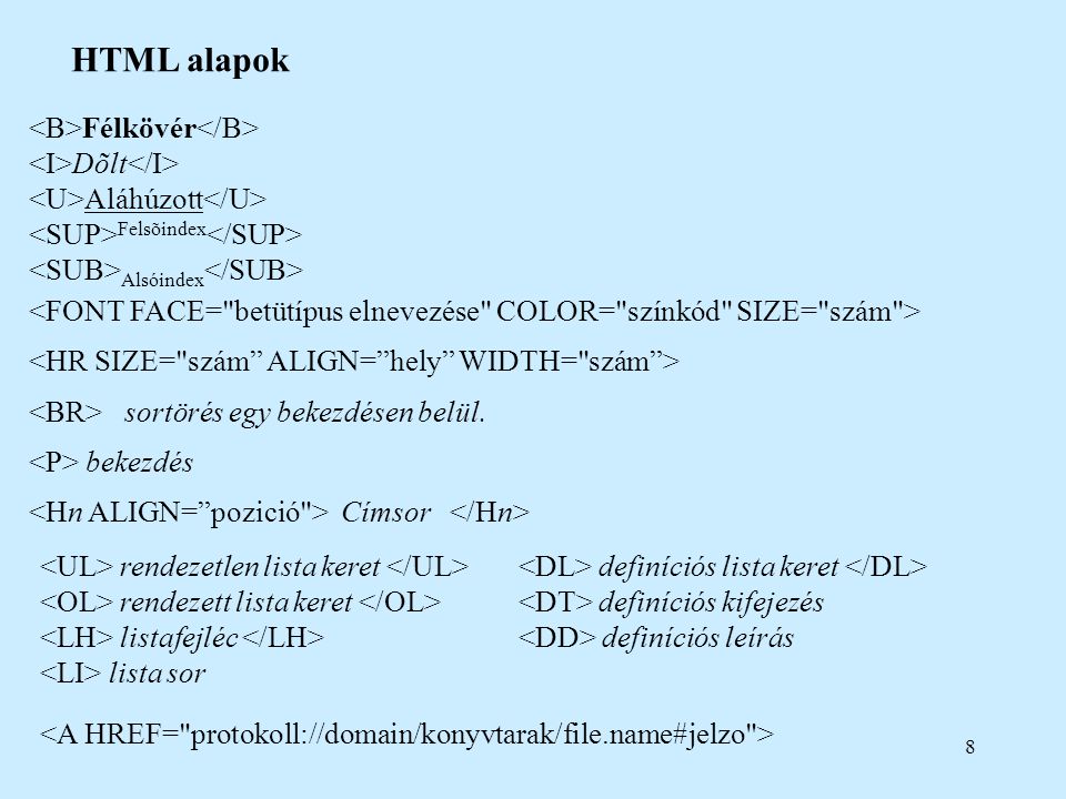 8 HTML alapok Félkövér Dõlt Aláhúzott Felsõindex Alsóindex sortörés egy bekezdésen belül.