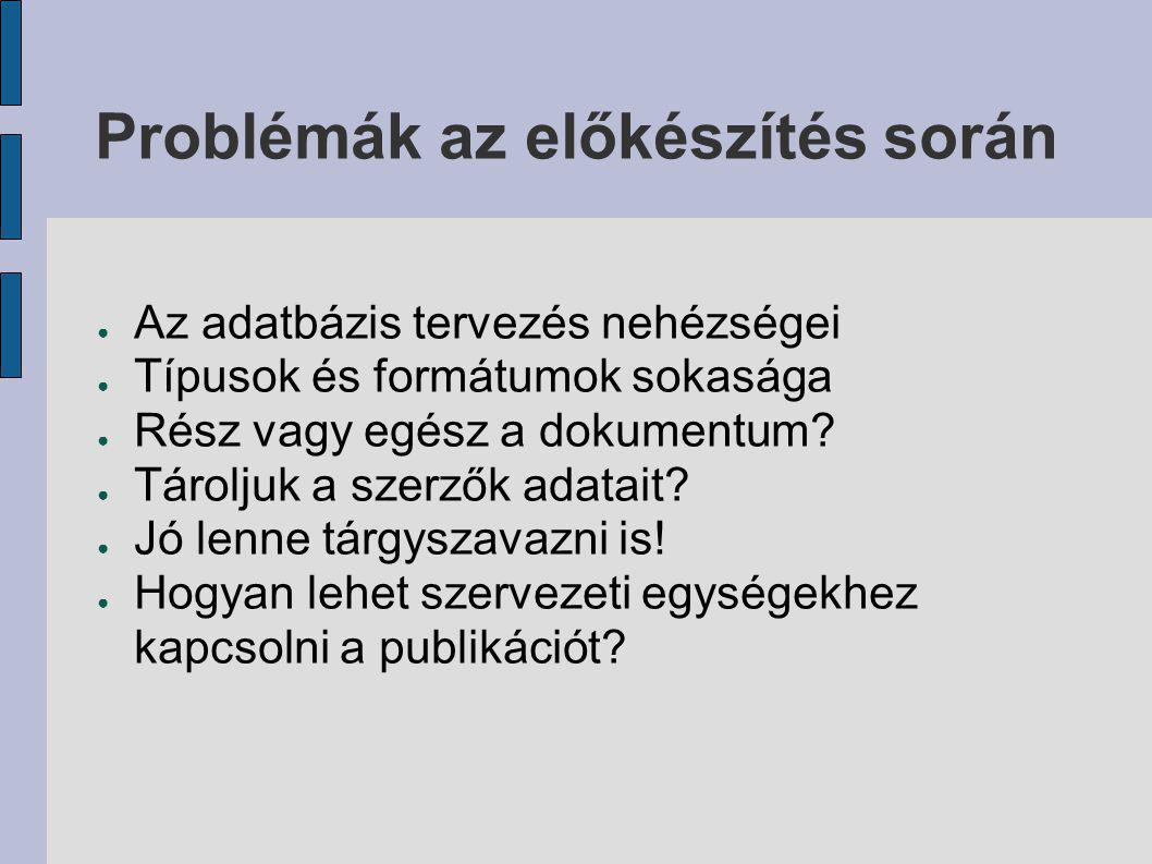 Célok és tervek ● Publikációs listák a magyar Interneten (Körkép) ● Káosz helyett rend ● Kereshetőség ● Szabványos megjelenítés ● Teljesszövegű elérés ● META-adatok és exportjuk