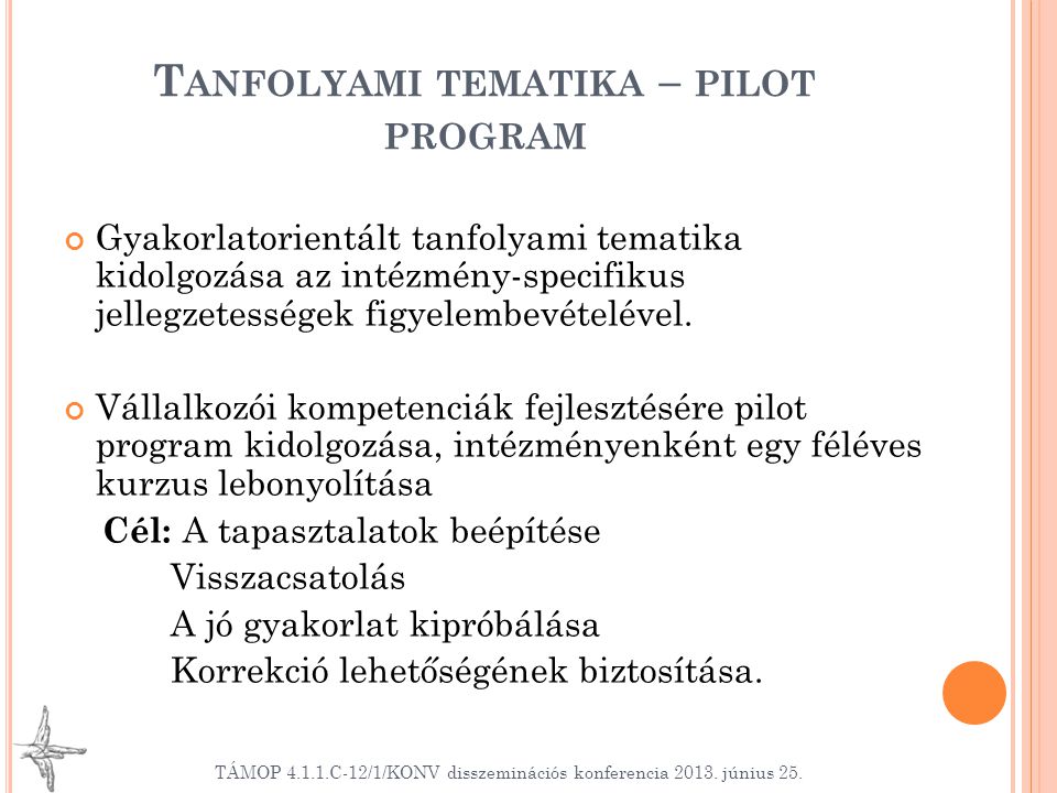 T ANFOLYAMI TEMATIKA – PILOT PROGRAM Gyakorlatorientált tanfolyami tematika kidolgozása az intézmény-specifikus jellegzetességek figyelembevételével.