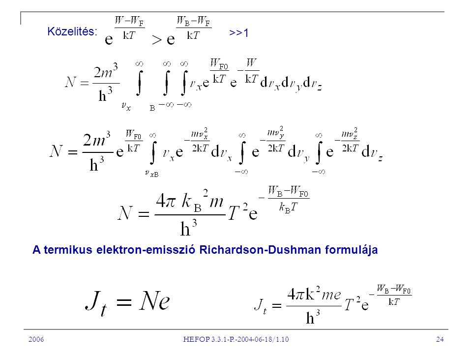 2006 HEFOP P / Közelités: >>1 A termikus elektron-emisszió Richardson-Dushman formulája
