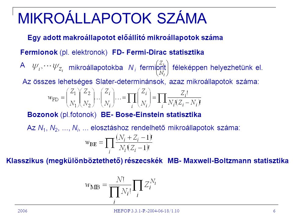 2006 HEFOP P / MIKROÁLLAPOTOK SZÁMA Egy adott makroállapotot előállító mikroállapotok száma Fermionok (pl.