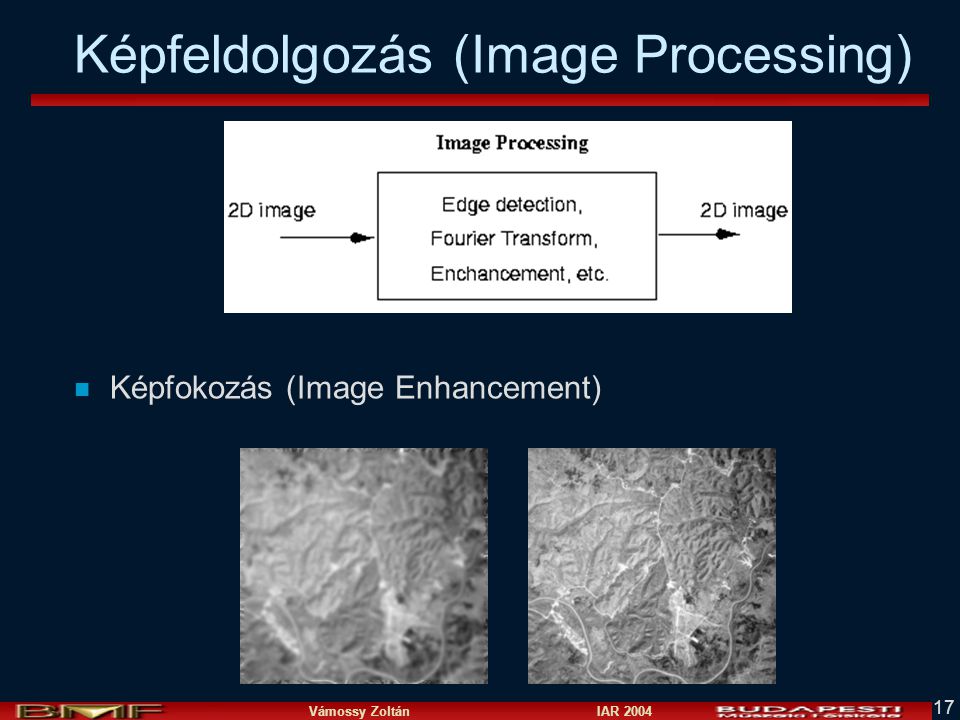 Vámossy Zoltán IAR Képfeldolgozás (Image Processing) n Képfokozás (Image Enhancement)