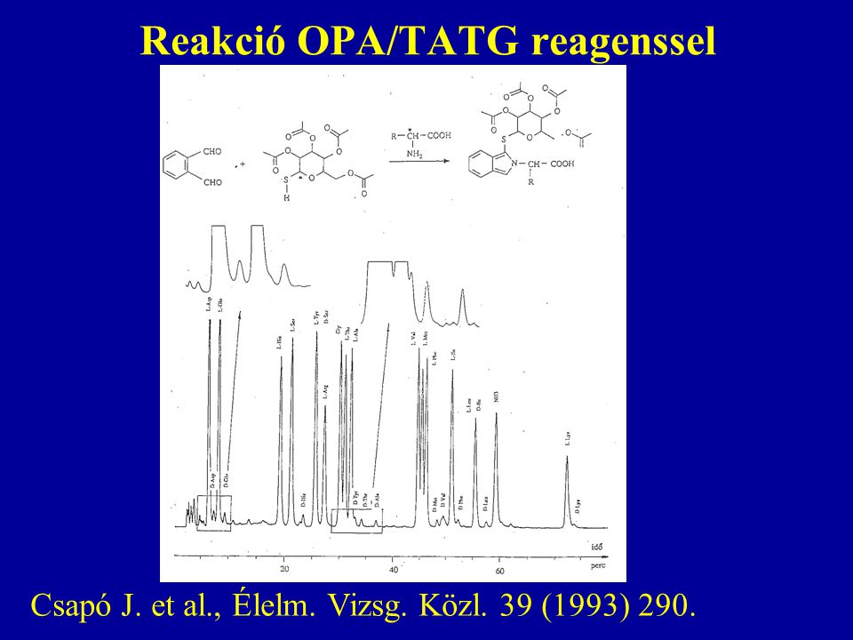 Reakció OPA/TATG reagenssel Csapó J. et al., Élelm. Vizsg. Közl. 39 (1993) 290.