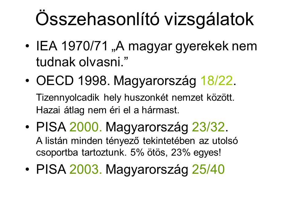 Összehasonlító vizsgálatok IEA 1970/71 „A magyar gyerekek nem tudnak olvasni. OECD 1998.