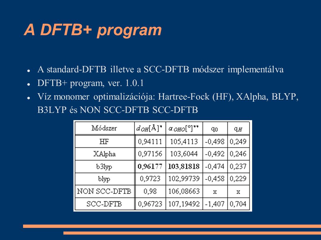 A DFTB+ program A standard-DFTB illetve a SCC-DFTB módszer implementálva DFTB+ program, ver.