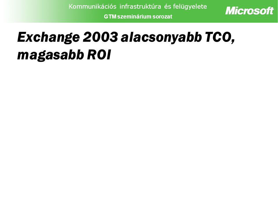 Kommunikációs infrastruktúra és felügyelete GTM szeminárium sorozat Exchange 2003 alacsonyabb TCO, magasabb ROI