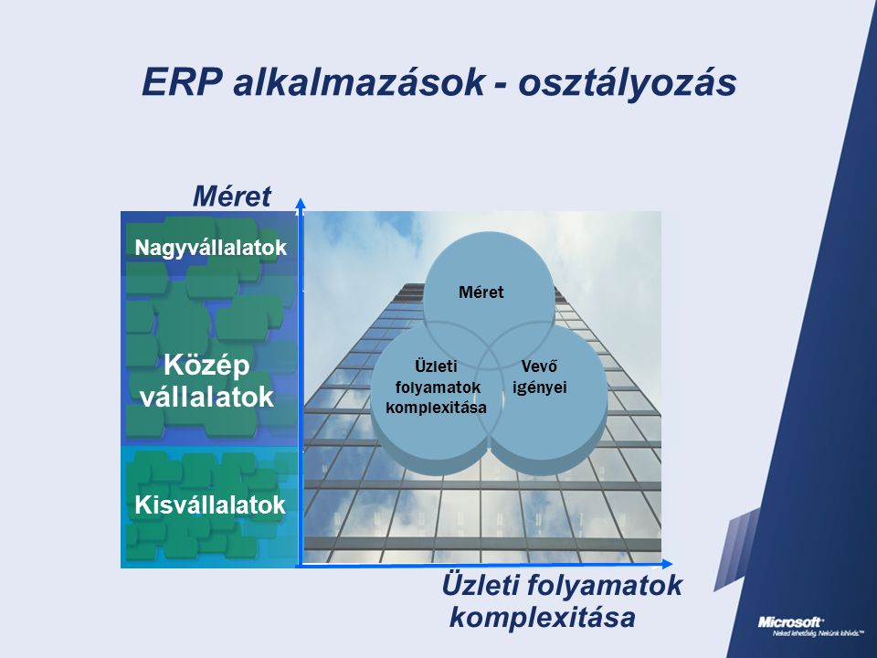 ERP alkalmazások - osztályozás Üzleti folyamatok komplexitása Kisvállalatok Közép vállalatok Nagyvállalatok Méret Üzleti folyamatok komplexitása Méret Vevő igényei