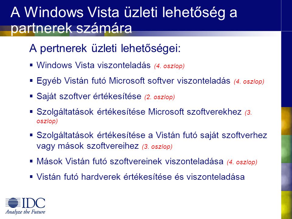 A Windows Vista üzleti lehetőség a partnerek számára A pertnerek üzleti lehetőségei:  Windows Vista viszonteladás (4.