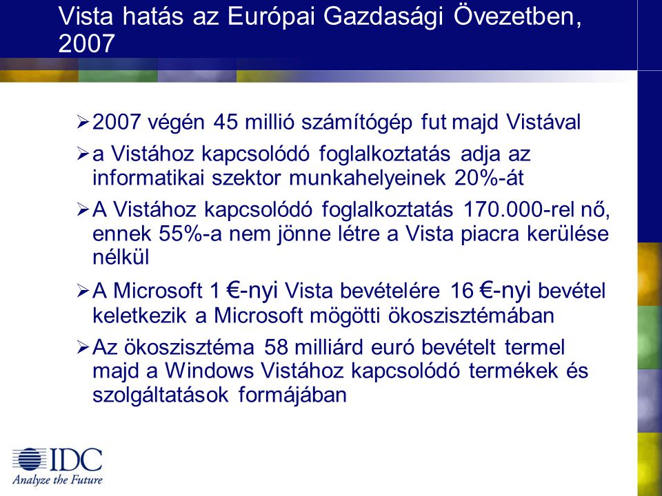 Vista hatás az Európai Gazdasági Övezetben, 2007  2007 végén 45 millió számítógép fut majd Vistával  a Vistához kapcsolódó foglalkoztatás adja az informatikai szektor munkahelyeinek 20%-át  A Vistához kapcsolódó foglalkoztatás rel nő, ennek 55%-a nem jönne létre a Vista piacra kerülése nélkül  A Microsoft 1 €-nyi Vista bevételére 16 €-nyi bevétel keletkezik a Microsoft mögötti ökoszisztémában  Az ökoszisztéma 58 milliárd euró bevételt termel majd a Windows Vistához kapcsolódó termékek és szolgáltatások formájában