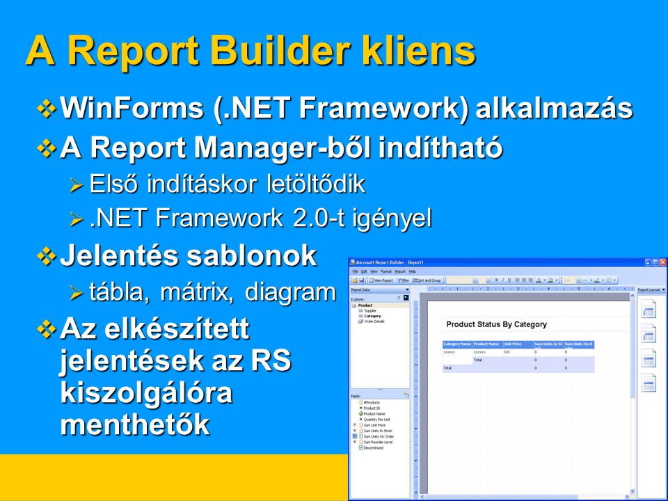 A Report Builder kliens  WinForms (.NET Framework) alkalmazás  A Report Manager-ből indítható  Első indításkor letöltődik .NET Framework 2.0-t igényel  Jelentés sablonok  tábla, mátrix, diagram  Az elkészített jelentések az RS kiszolgálóra menthetők