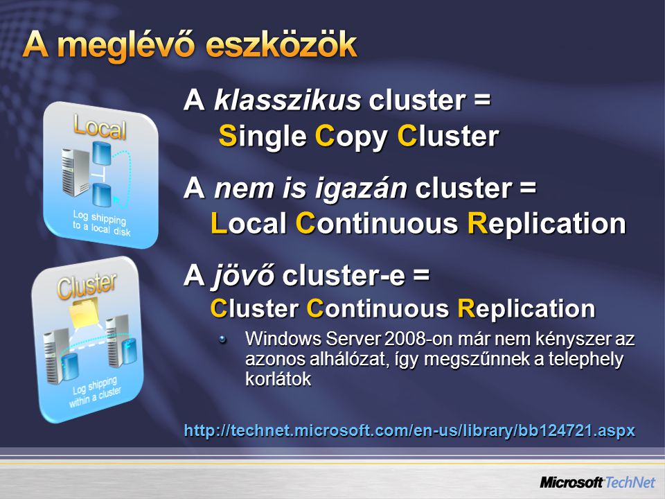 A klasszikus cluster = Single Copy Cluster A nem is igazán cluster = Local Continuous Replication A jövő cluster-e = Cluster Continuous Replication Windows Server 2008-on már nem kényszer az azonos alhálózat, így megszűnnek a telephely korlátok