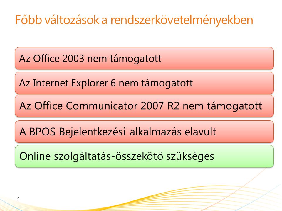 Főbb változások a rendszerkövetelményekben 6 Az Office 2003 nem támogatottAz Internet Explorer 6 nem támogatott Az Office Communicator 2007 R2 nem támogatottA BPOS Bejelentkezési alkalmazás elavultOnline szolgáltatás-összekötő szükséges