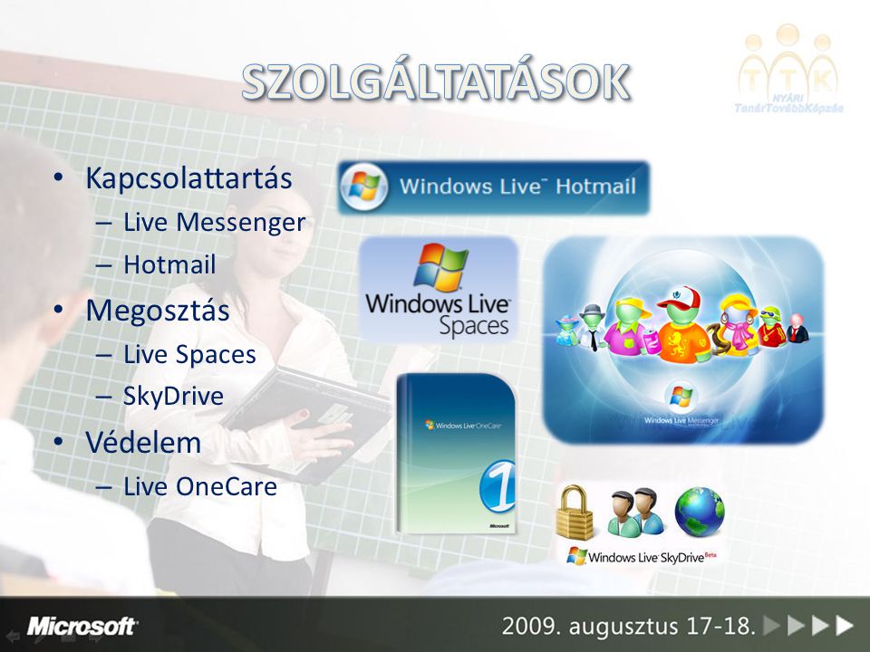 Kapcsolattartás – Live Messenger – Hotmail Megosztás – Live Spaces – SkyDrive Védelem – Live OneCare